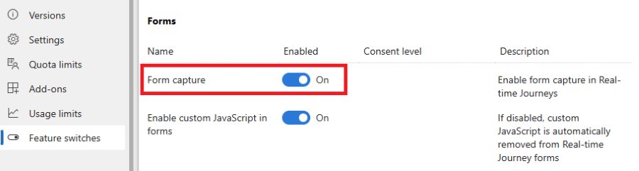 Enable Form capture under Feature switches